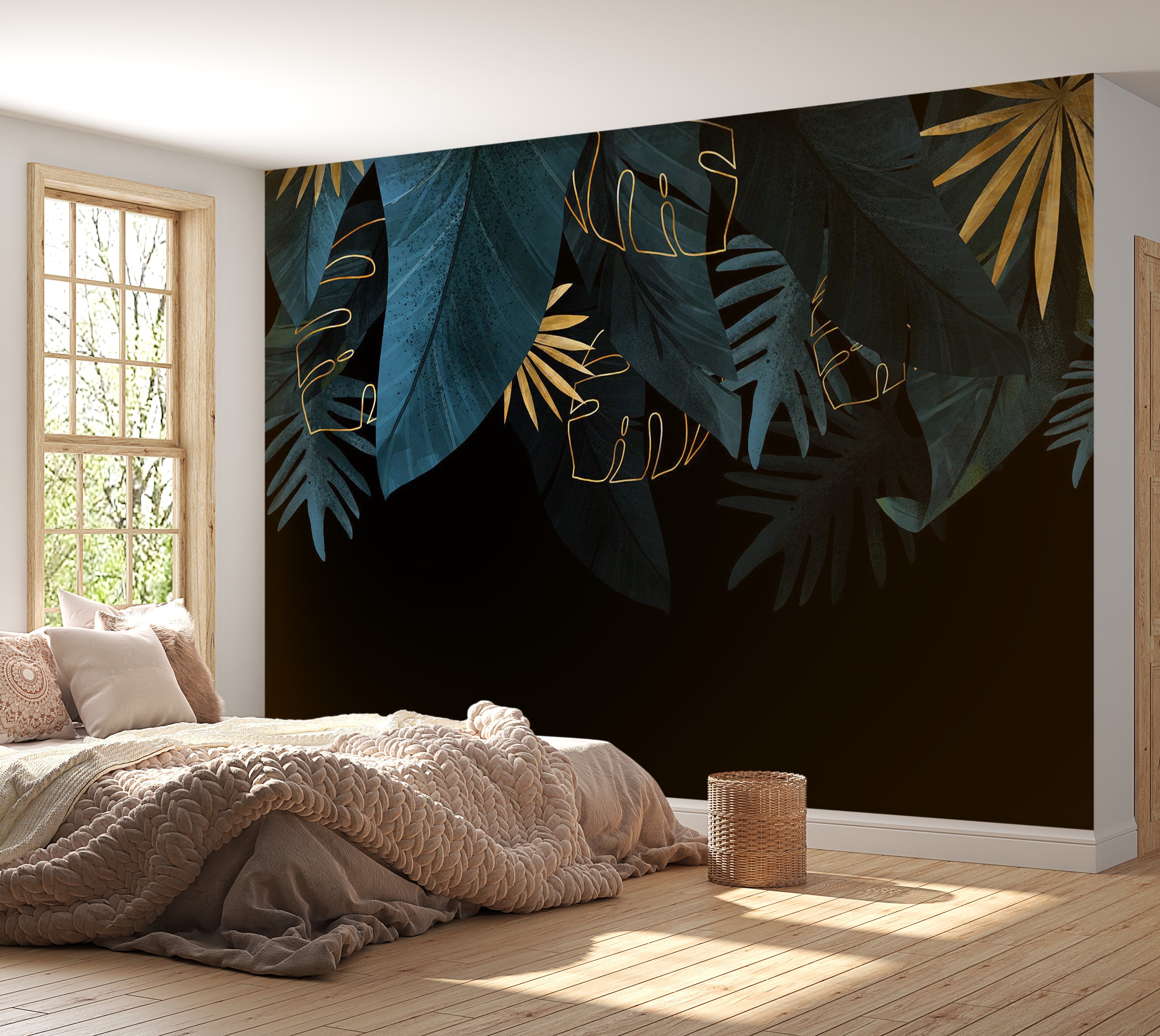 Botanical Wallpaper Wall Mural - Jungle Golden Leaves 39"Wx27"H / Regular