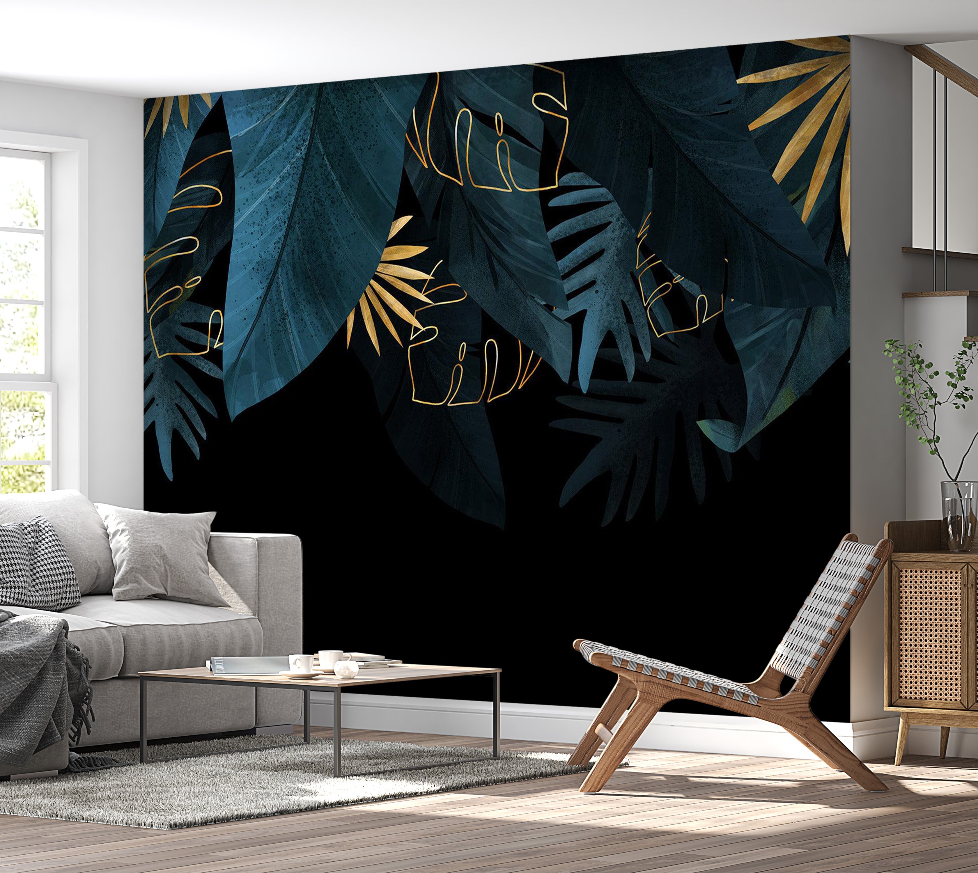 Botanical Wallpaper Wall Mural - Jungle Golden Leaves 39"Wx27"H / Regular