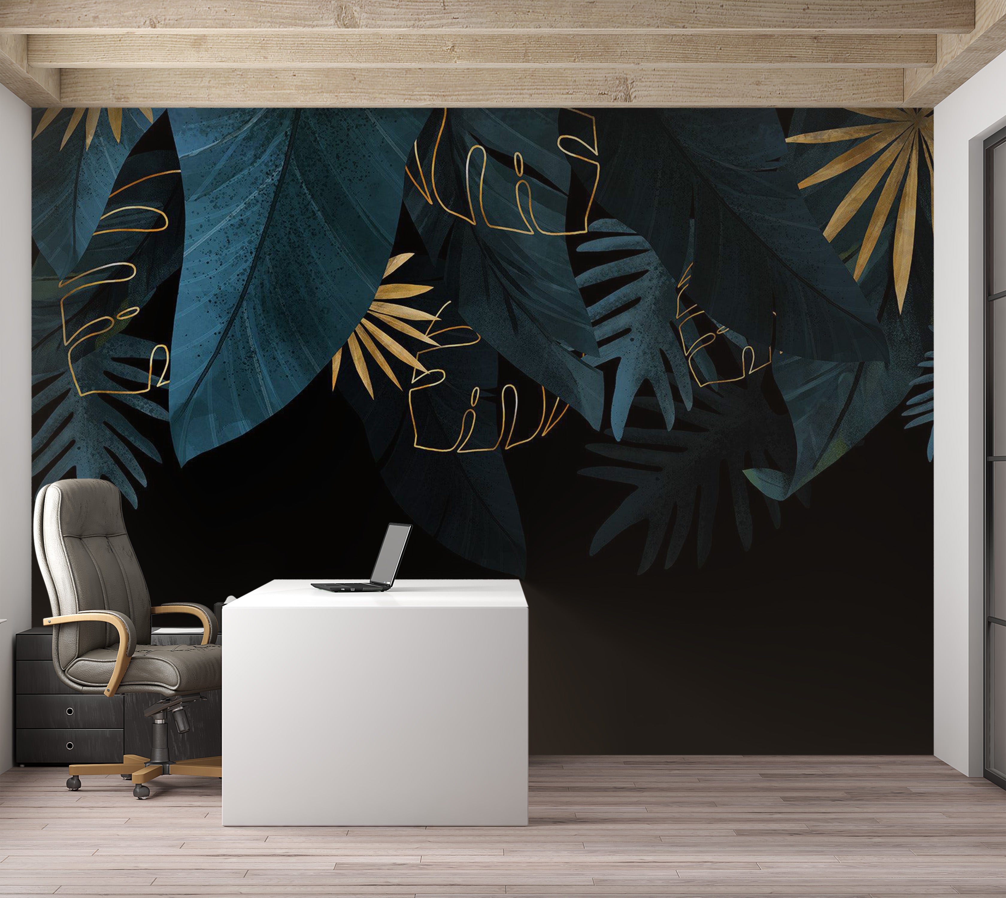 Botanical Wallpaper Wall Mural - Jungle Golden Leaves 39"Wx27"H / Regular