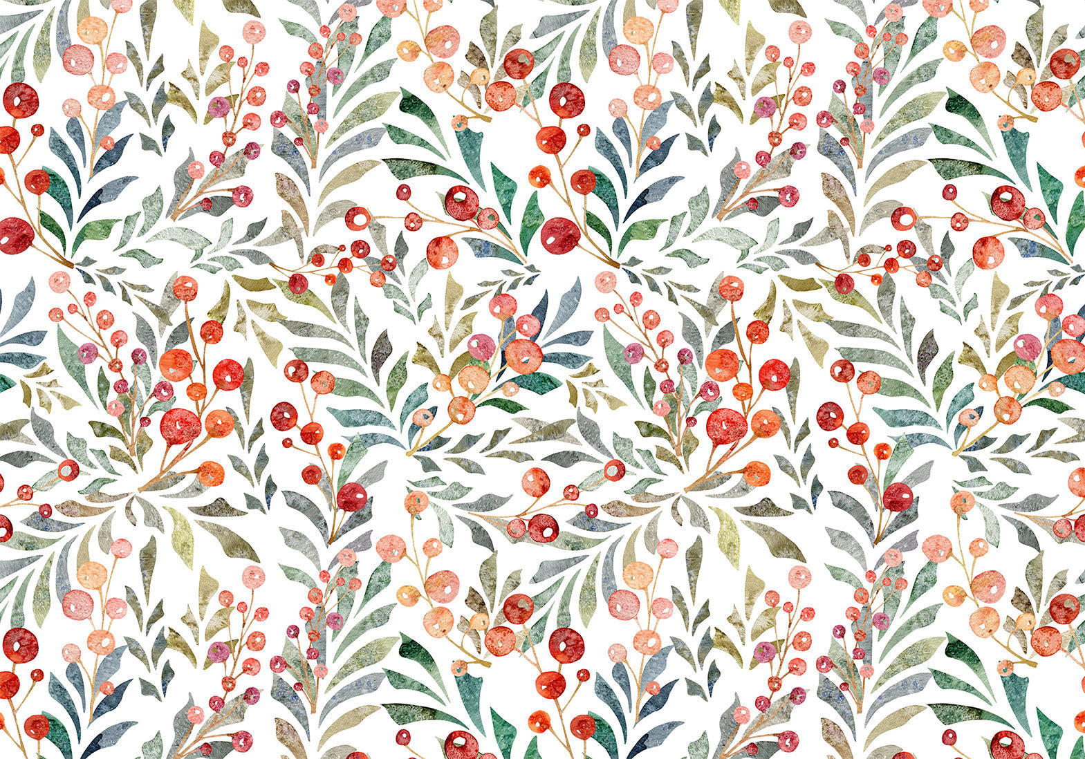 Botanical Wallpaper Wall Mural - Leaves of Red Berries