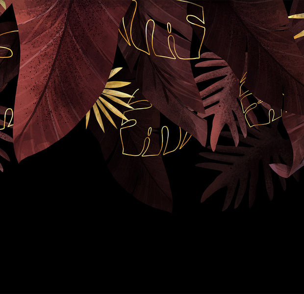 Botanical Wallpaper Wall Mural - Red Jungle Golden Leaves