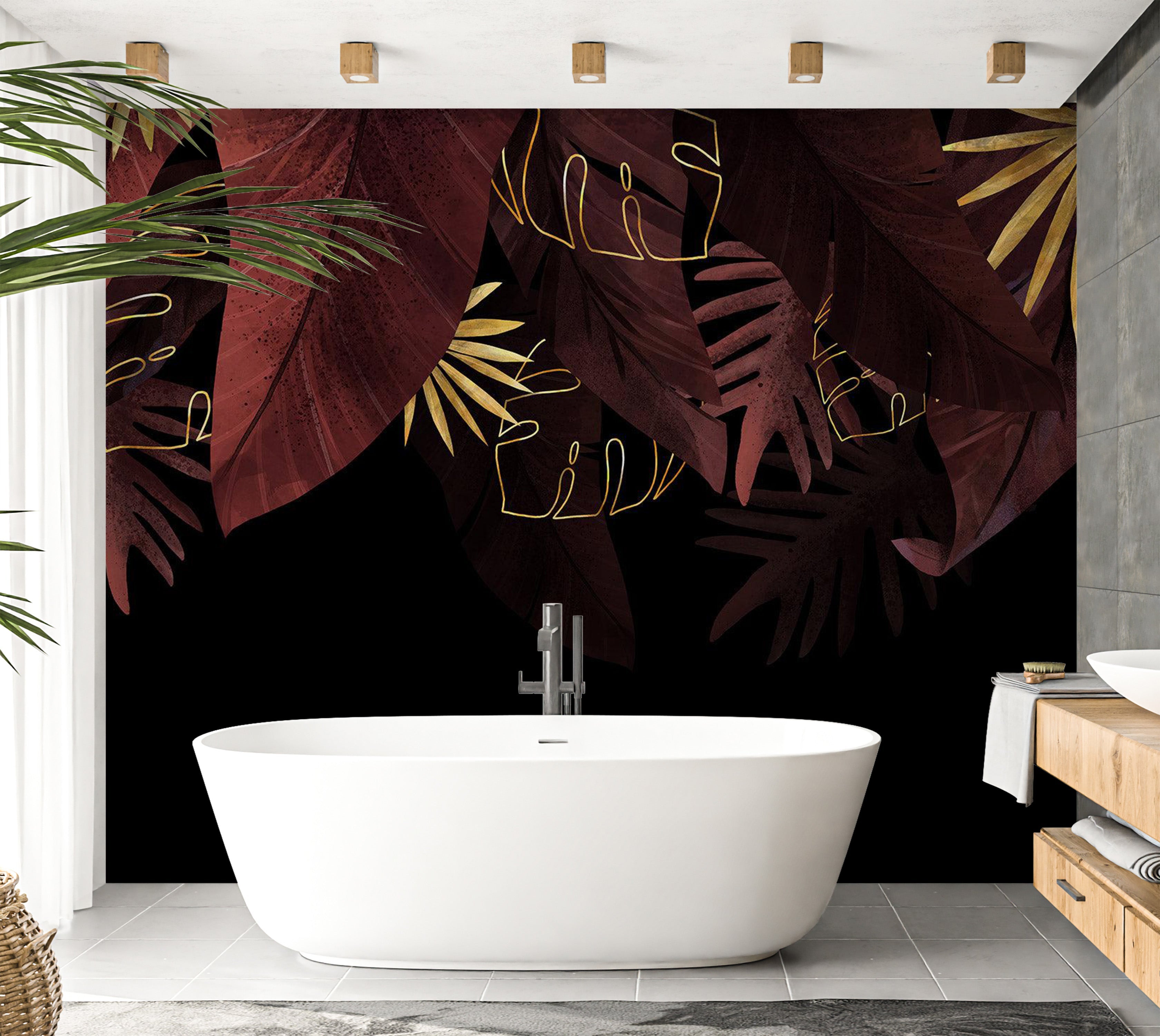 Botanical Wallpaper Wall Mural - Red Jungle Golden Leaves 39"Wx27"H / Regular