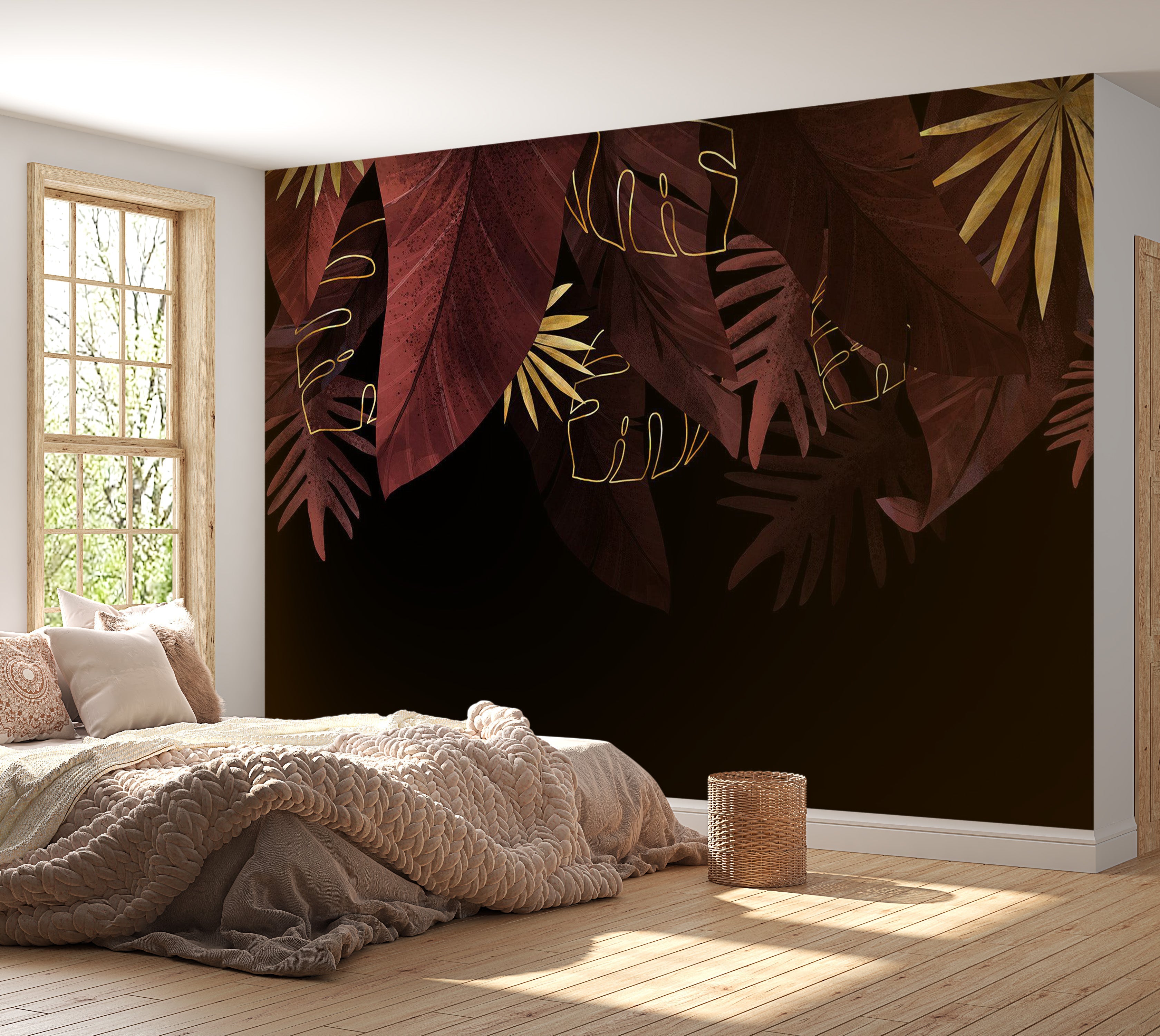 Botanical Wallpaper Wall Mural - Red Jungle Golden Leaves 39"Wx27"H / Regular