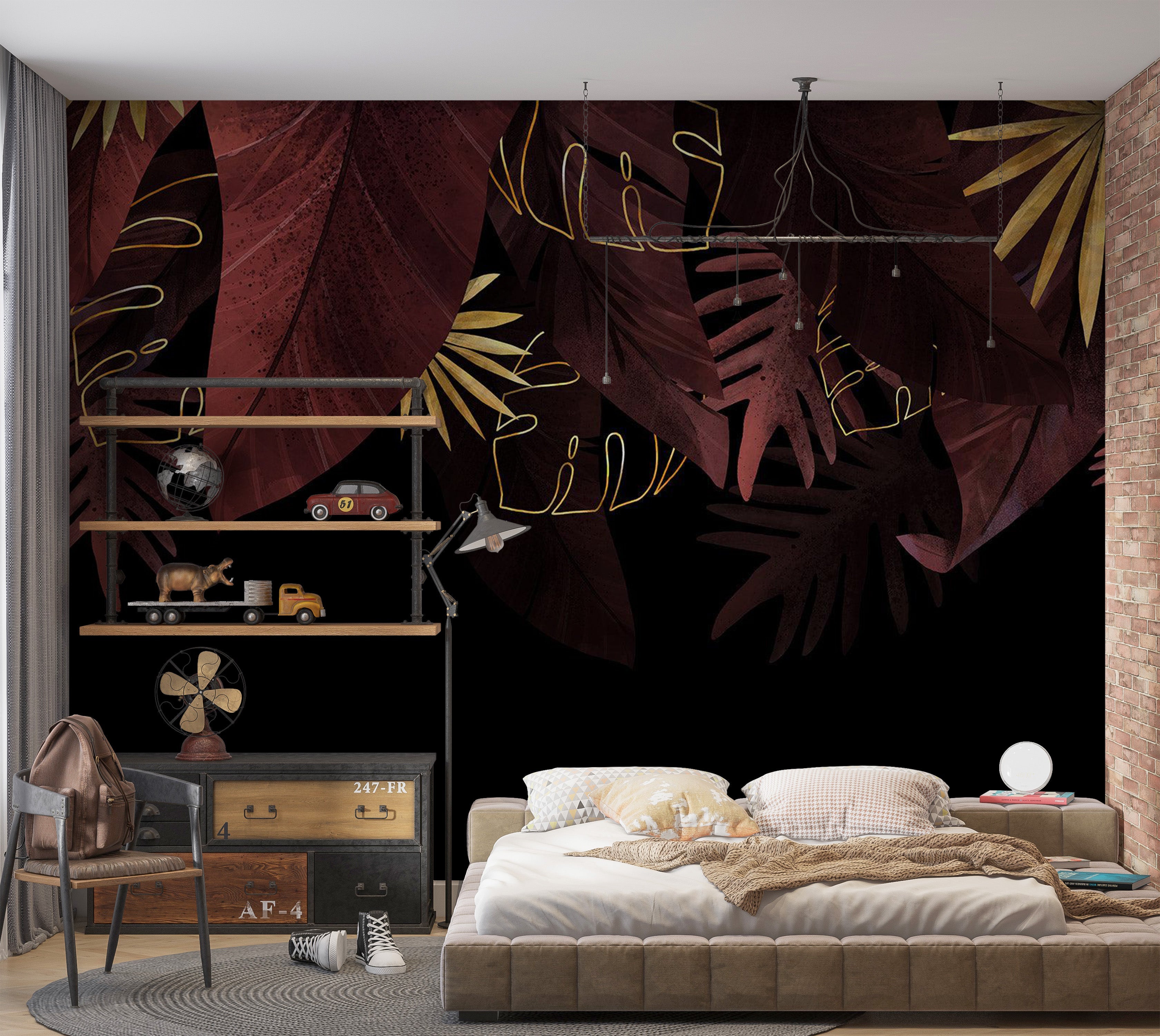 Botanical Wallpaper Wall Mural - Red Jungle Golden Leaves 39"Wx27"H / Regular