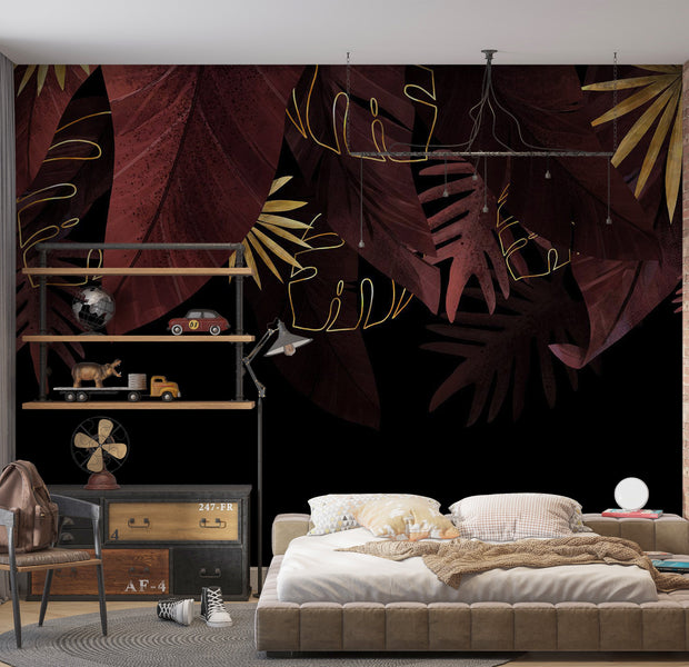 Botanical Wallpaper Wall Mural - Red Jungle Golden Leaves 39"Wx27"H / Regular