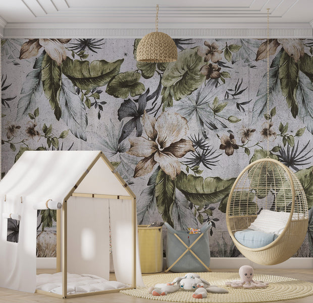 Botanical Wallpaper Wall Mural - Retro Concrete Nature 39"Wx27"H / Regular