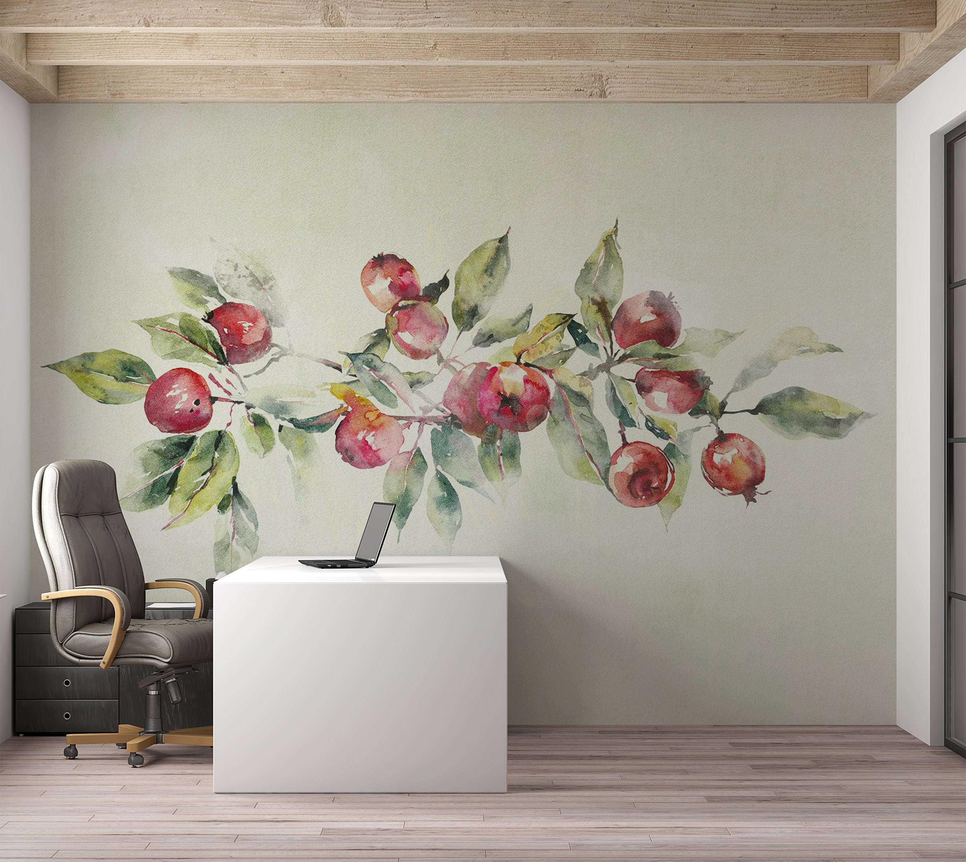 Botanical Wallpaper Wall Mural - Watercolor Apple Branch 39"Wx27"H / Regular