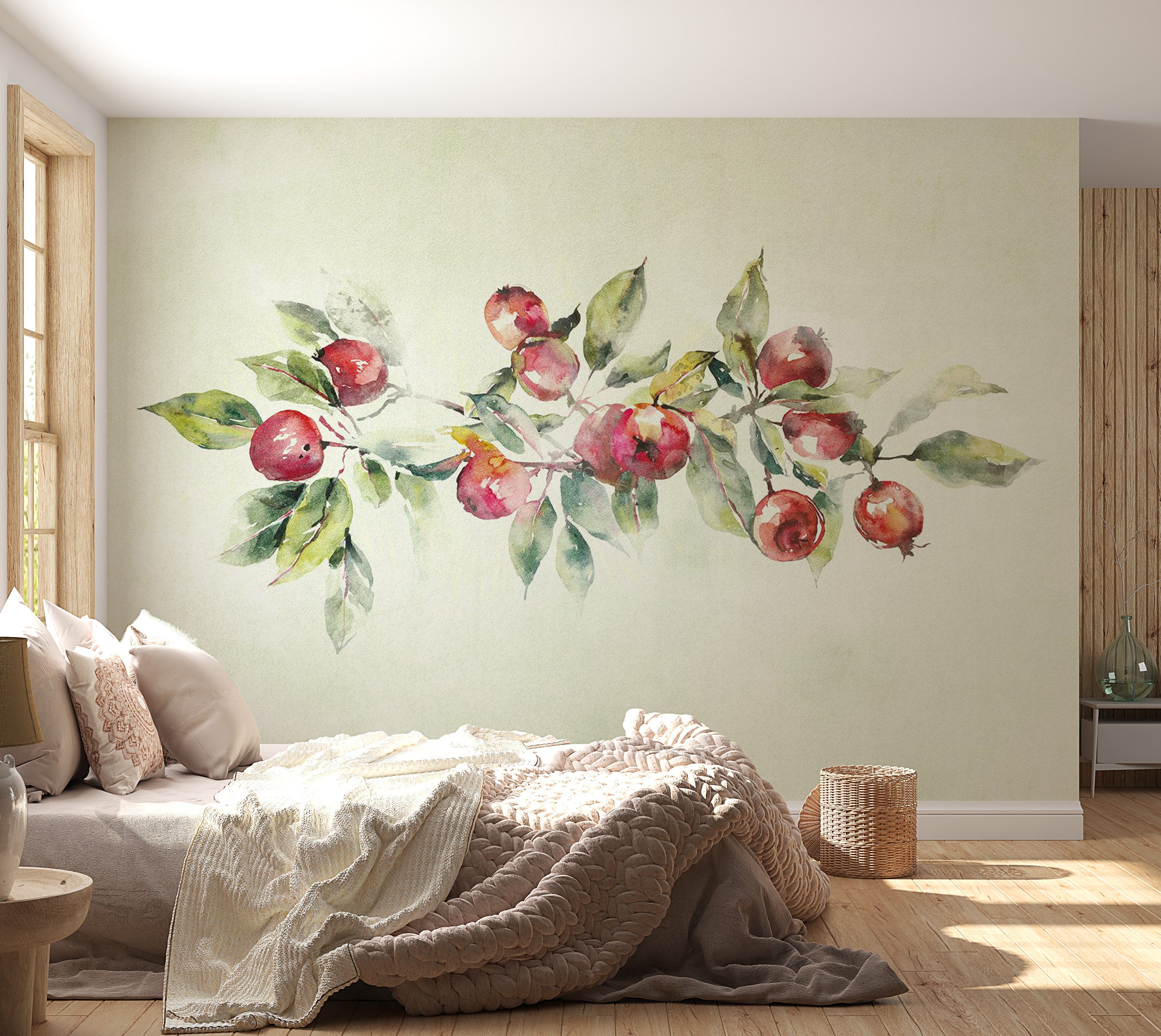 Botanical Wallpaper Wall Mural - Watercolor Apple Branch 39"Wx27"H / Regular