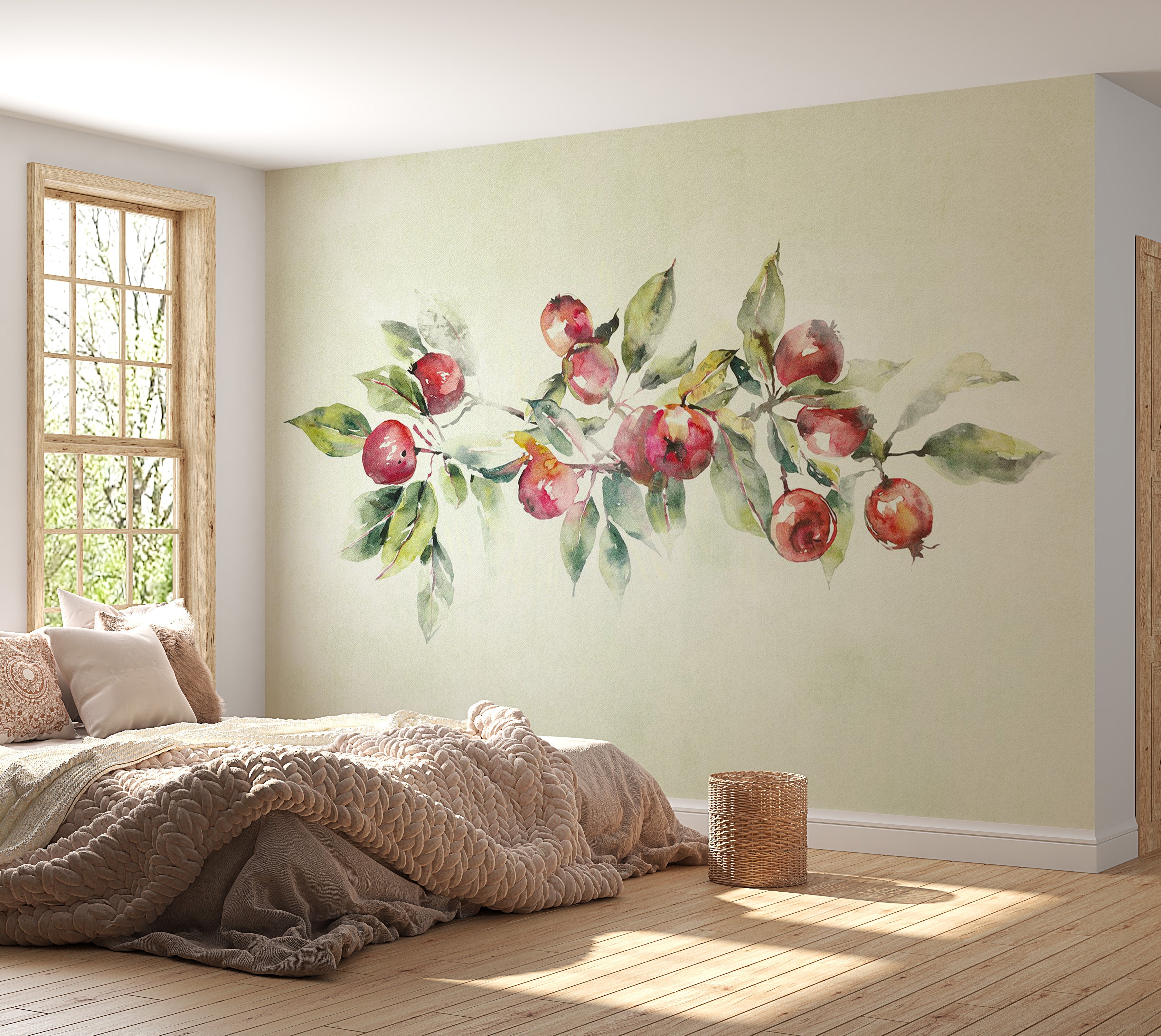 Botanical Wallpaper Wall Mural - Watercolor Apple Branch 39"Wx27"H / Regular