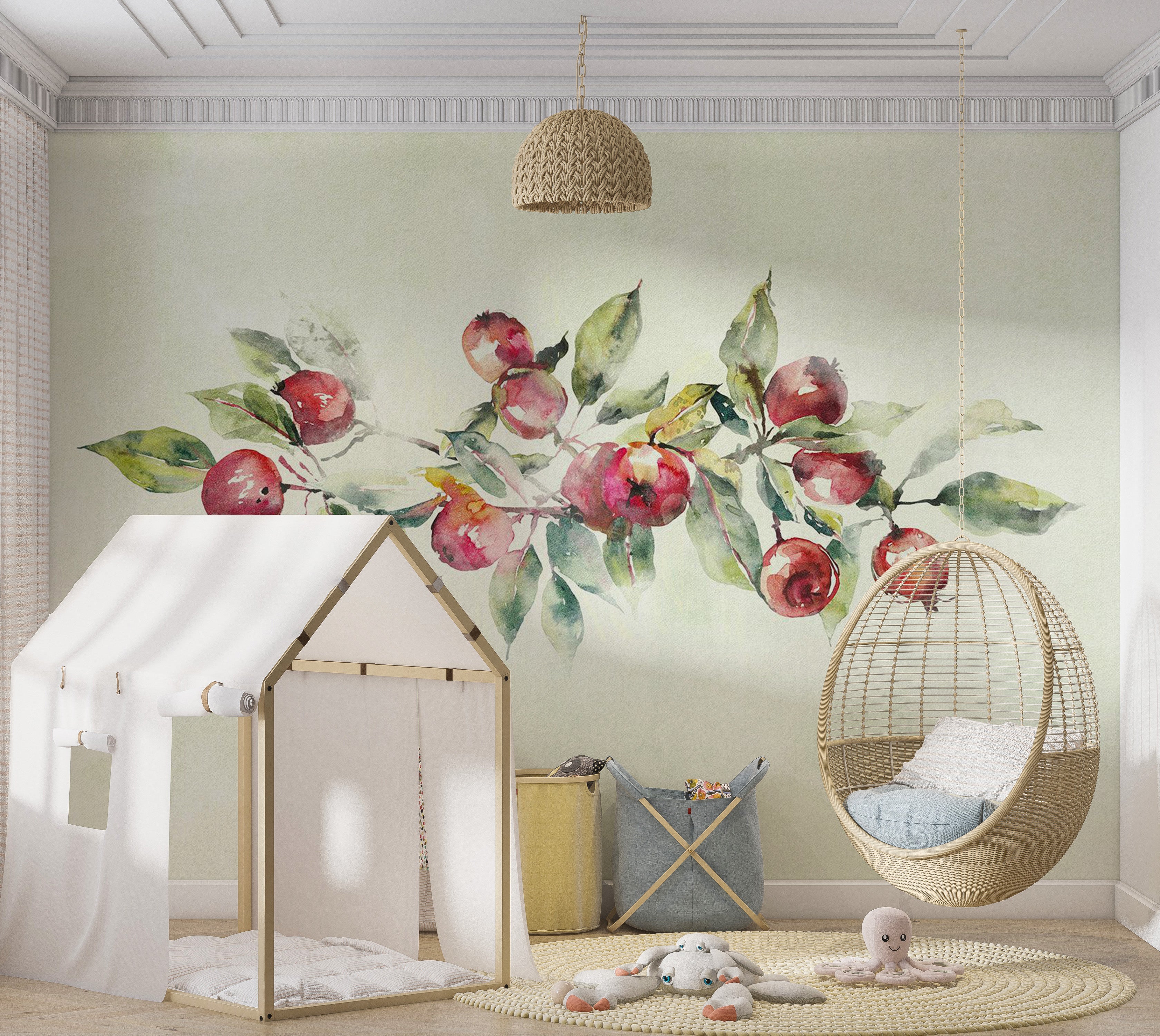 Botanical Wallpaper Wall Mural - Watercolor Apple Branch 39"Wx27"H / Regular