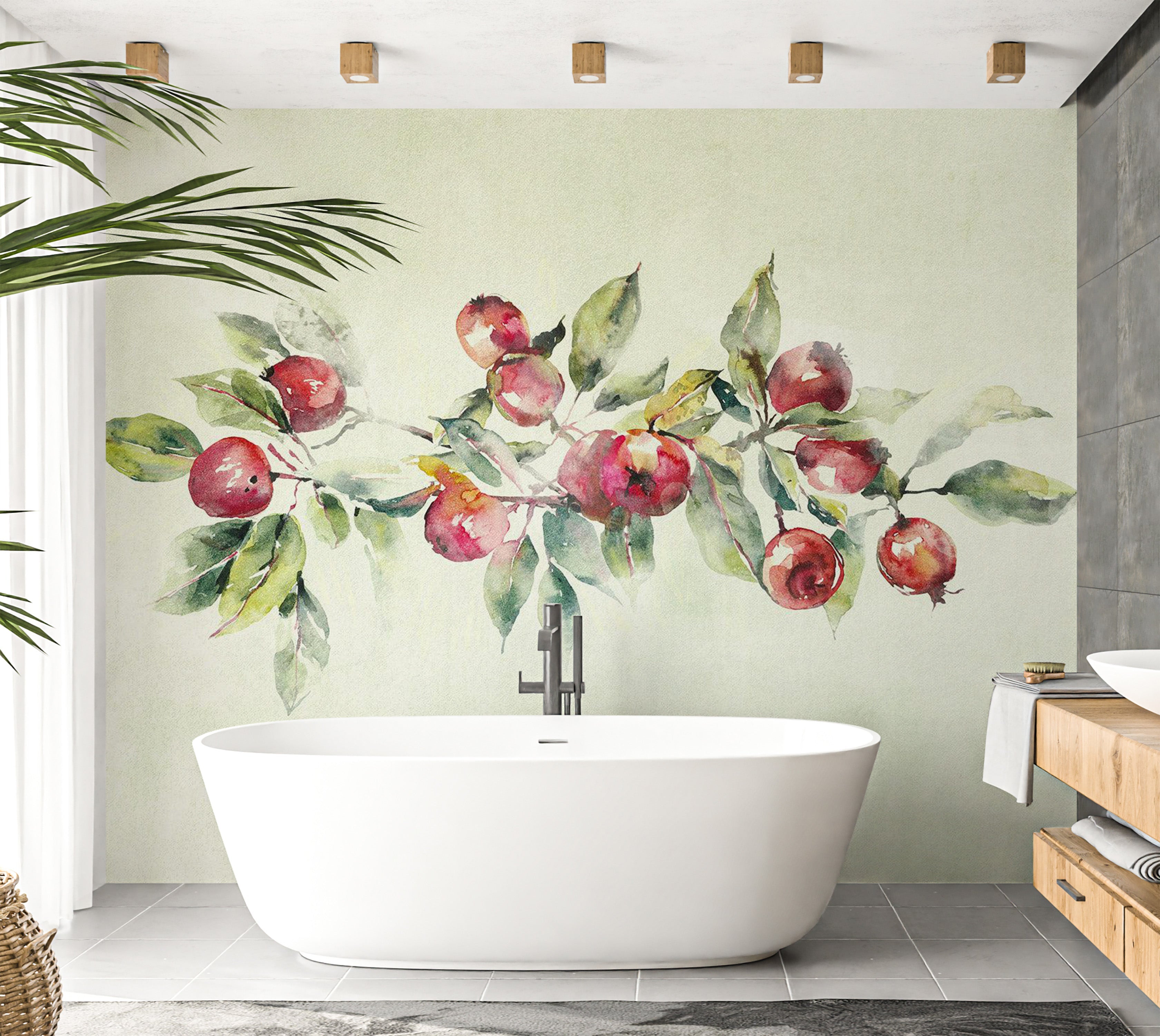 Botanical Wallpaper Wall Mural - Watercolor Apple Branch 39"Wx27"H / Regular