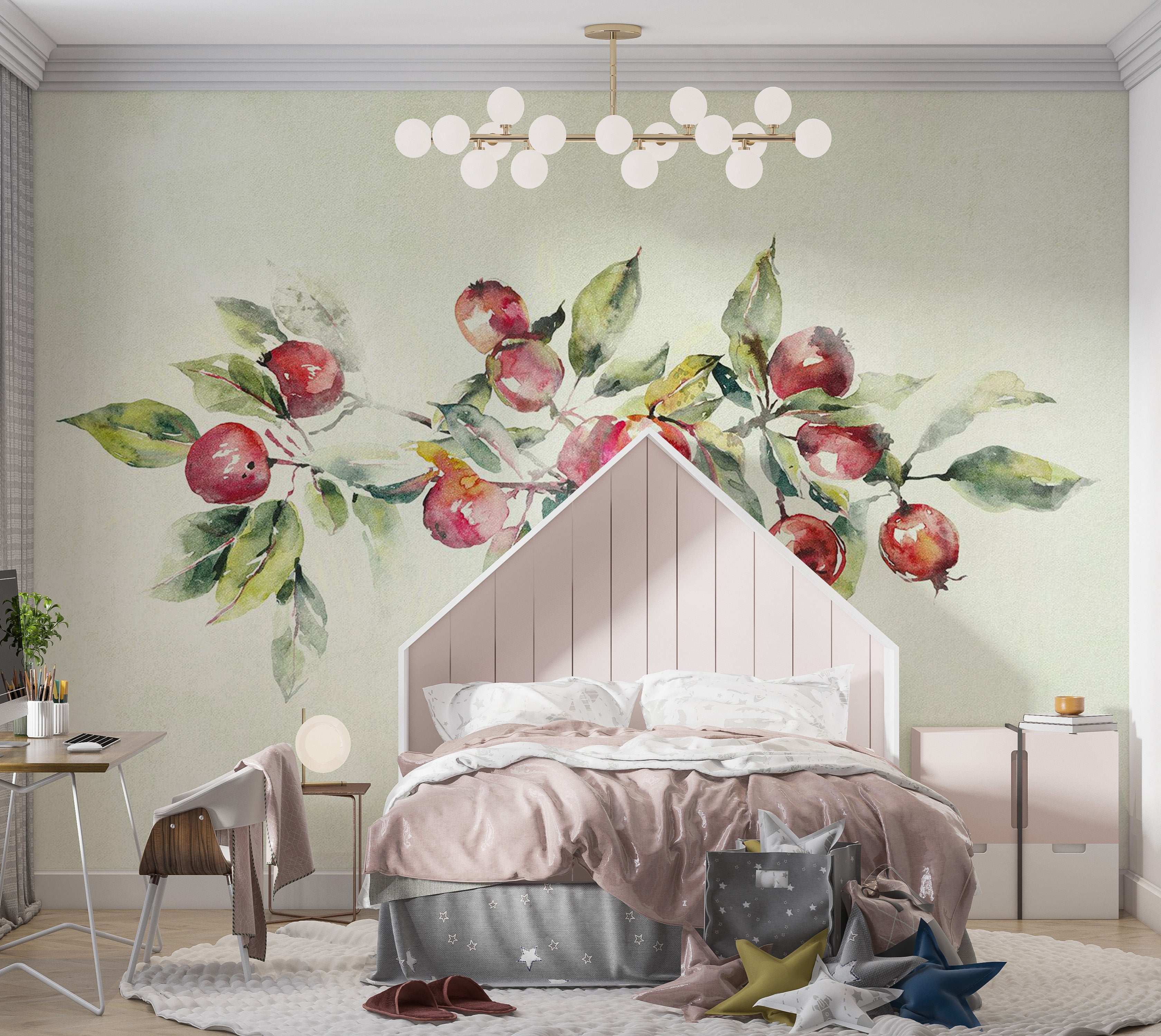 Botanical Wallpaper Wall Mural - Watercolor Apple Branch 39"Wx27"H / Regular