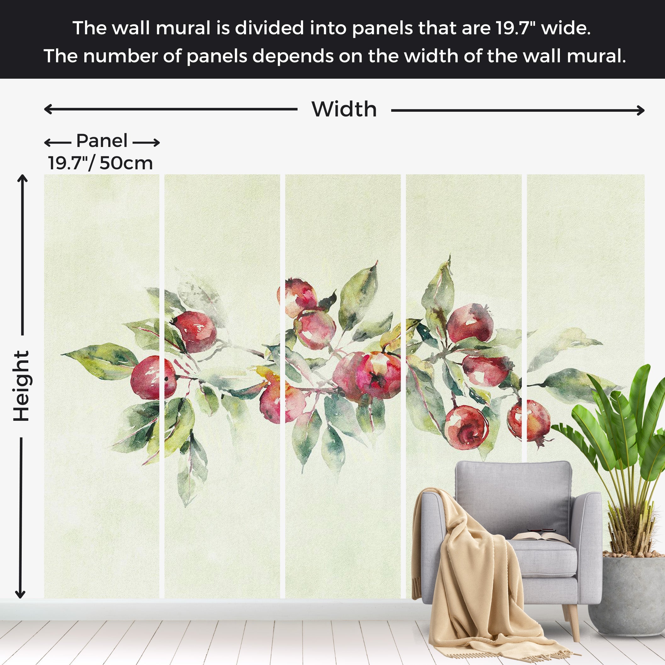 Botanical Wallpaper Wall Mural - Watercolor Apple Branch 39"Wx27"H / Regular