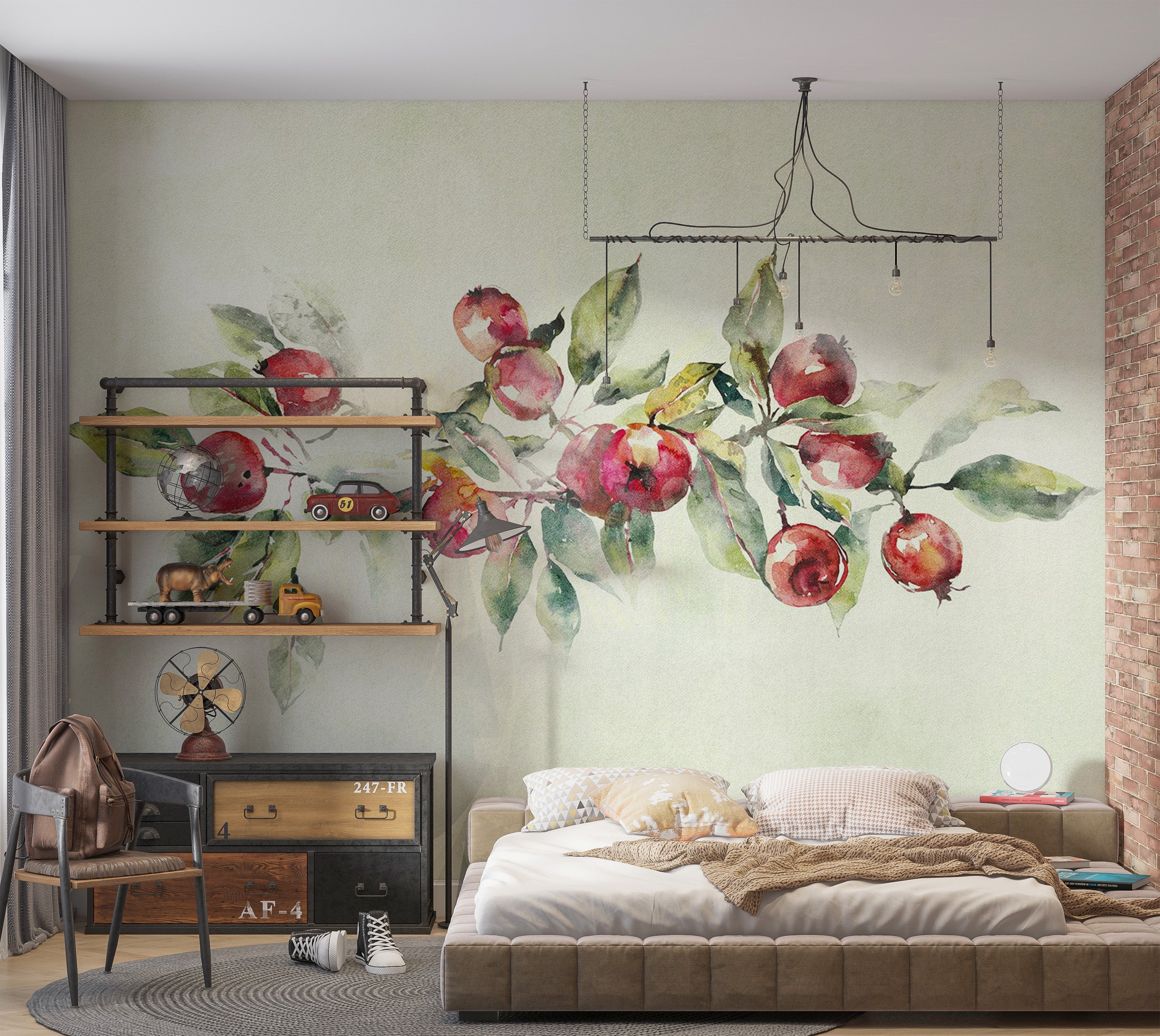Botanical Wallpaper Wall Mural - Watercolor Apple Branch 39"Wx27"H / Regular
