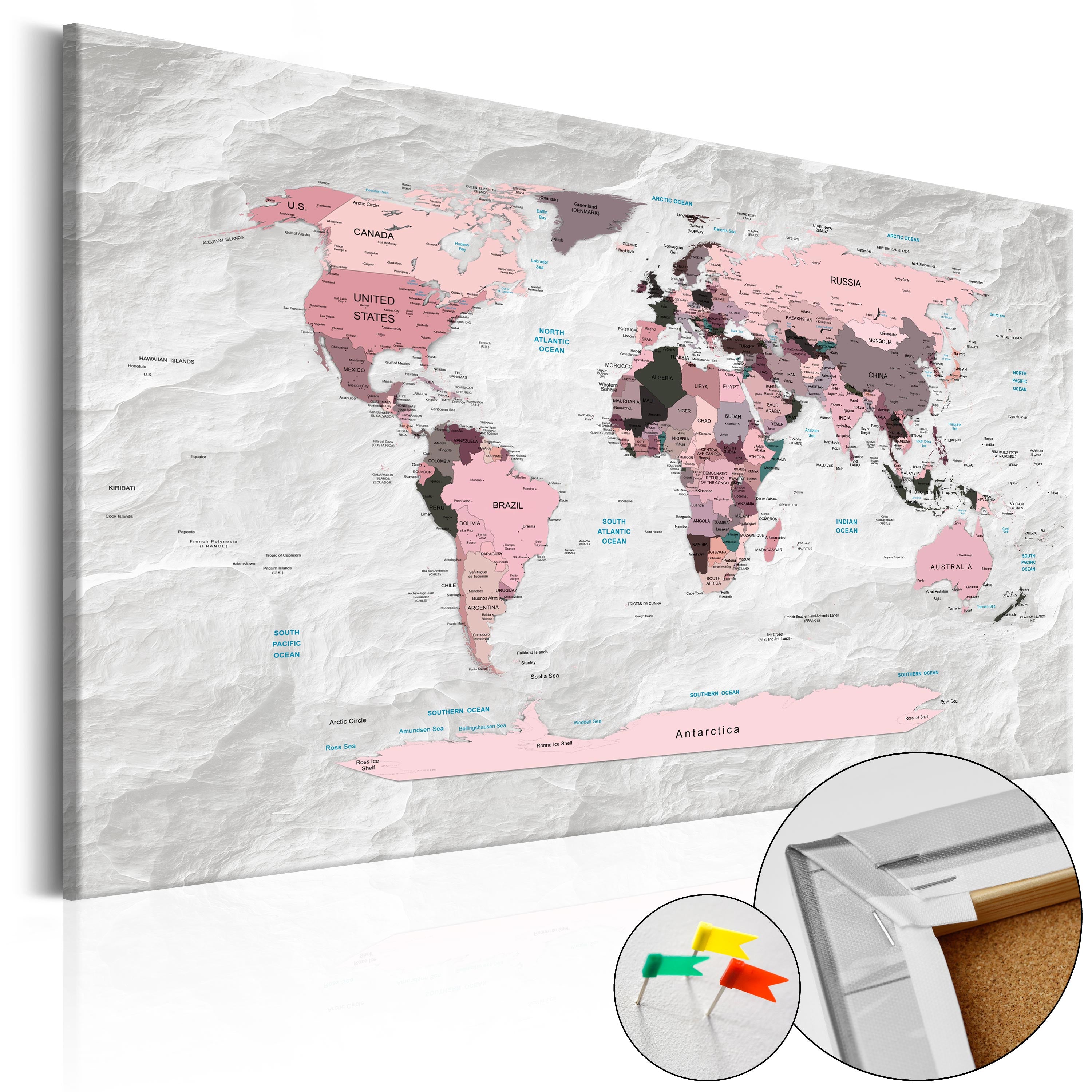 Decorative Cork Pin Board - Pink Continents