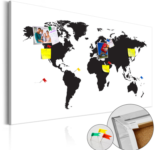 Decorative Cork Pin Board - World Map: Black & White Elegance