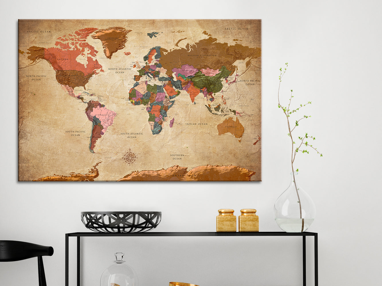 Decorative Cork Pin Board - World Map: Brown Elegance