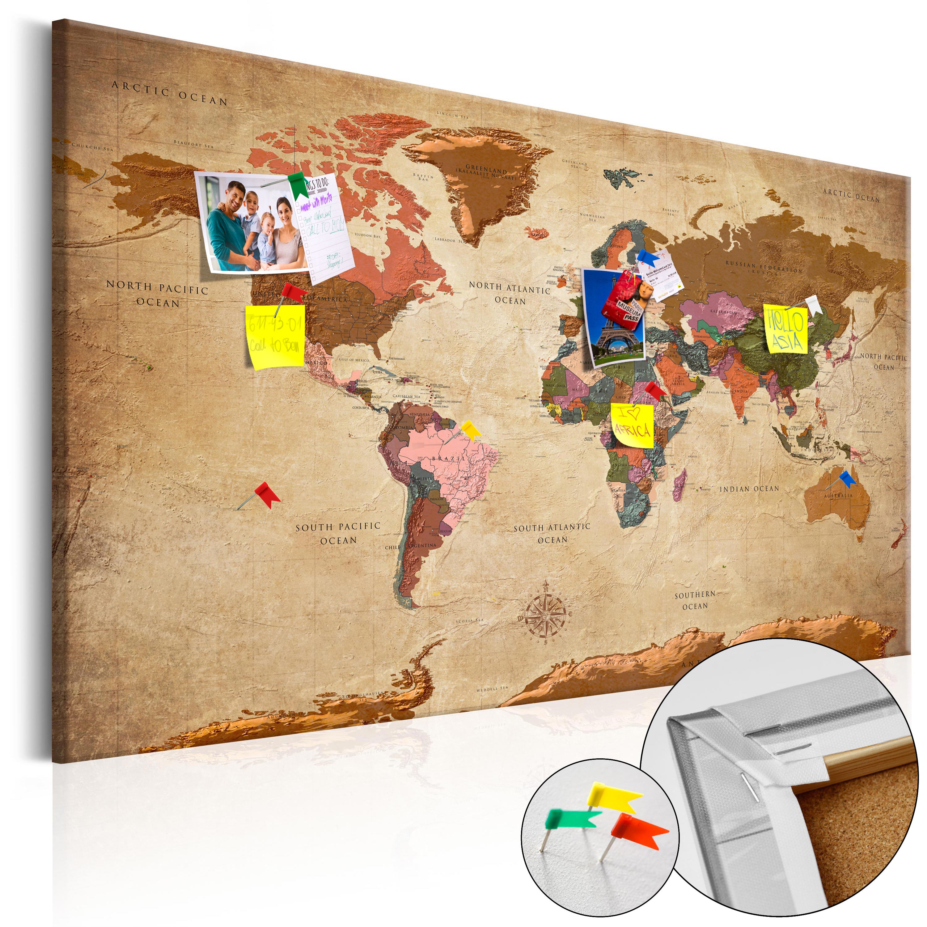 Decorative Cork Pin Board - World Map: Brown Elegance