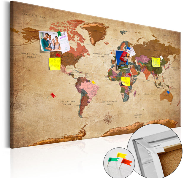 Decorative Cork Pin Board - World Map: Brown Elegance