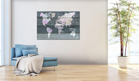 World Map Cork Pin Board - World Map On Grey Wood