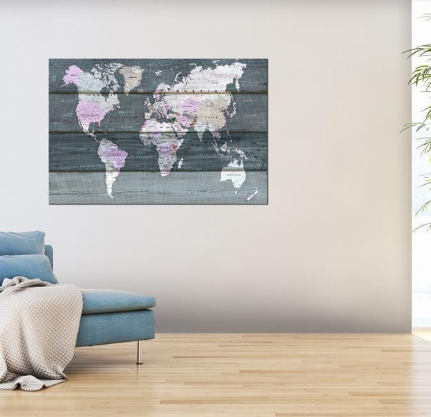 World Map Cork Pin Board - World Map On Grey Wood