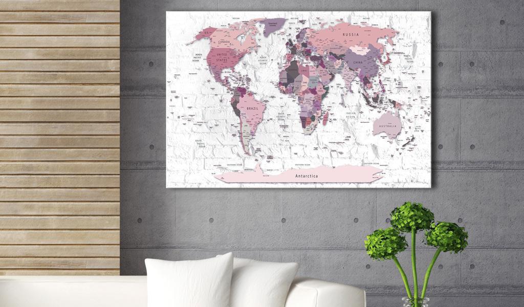 World Map Cork Pin Board - World Map In Pink Colors