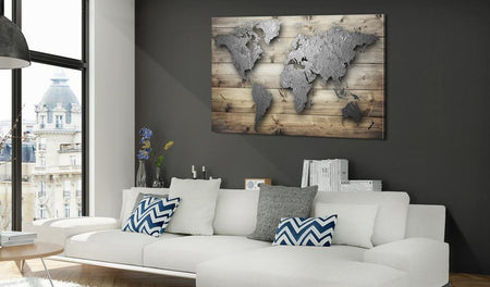 World Map Cork Pin Board - Silver World On Wood