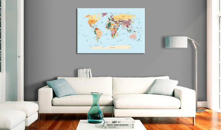 World Map Cork Pin Board - World Map On Light Blue Background