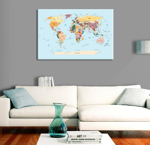 World Map Cork Pin Board - World Map On Light Blue Background