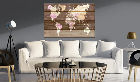 World Map Cork Pin Board - World Map On Brown Wood