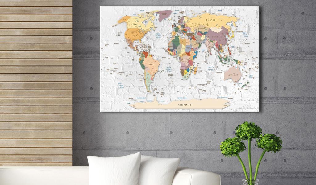 World Map Cork Pin Board - World Map On White Brick Wall