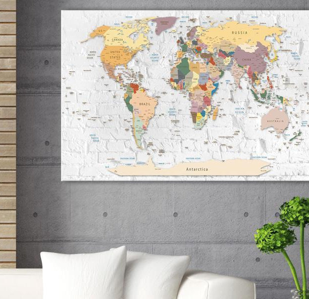 World Map Cork Pin Board - World Map On White Brick Wall