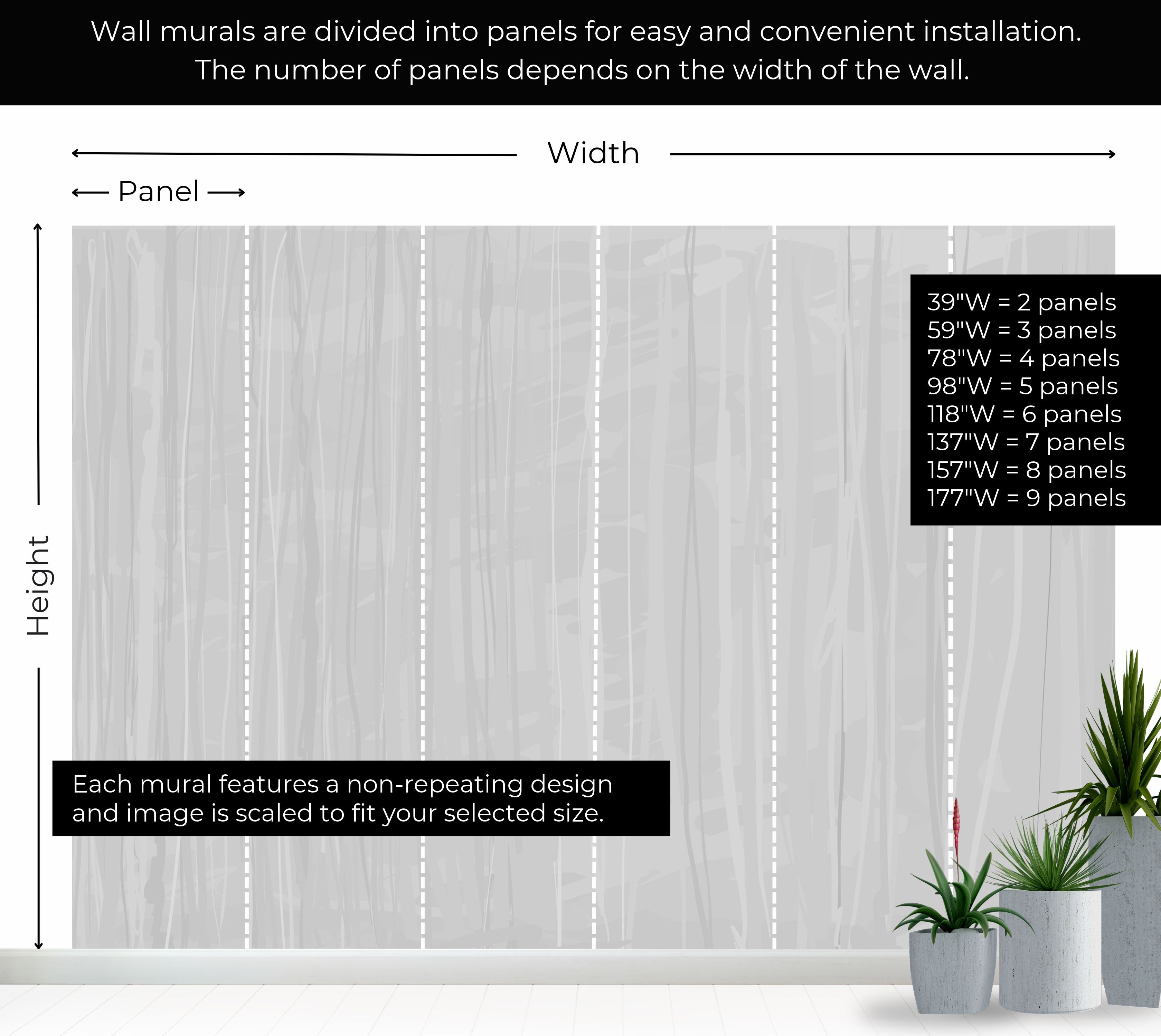 A wall mural size guide showing a vertical wood-look panel design with dimension markers for width and height, plus a black text box listing panel counts for different wall widths. Small potted plants appear at the bottom right.