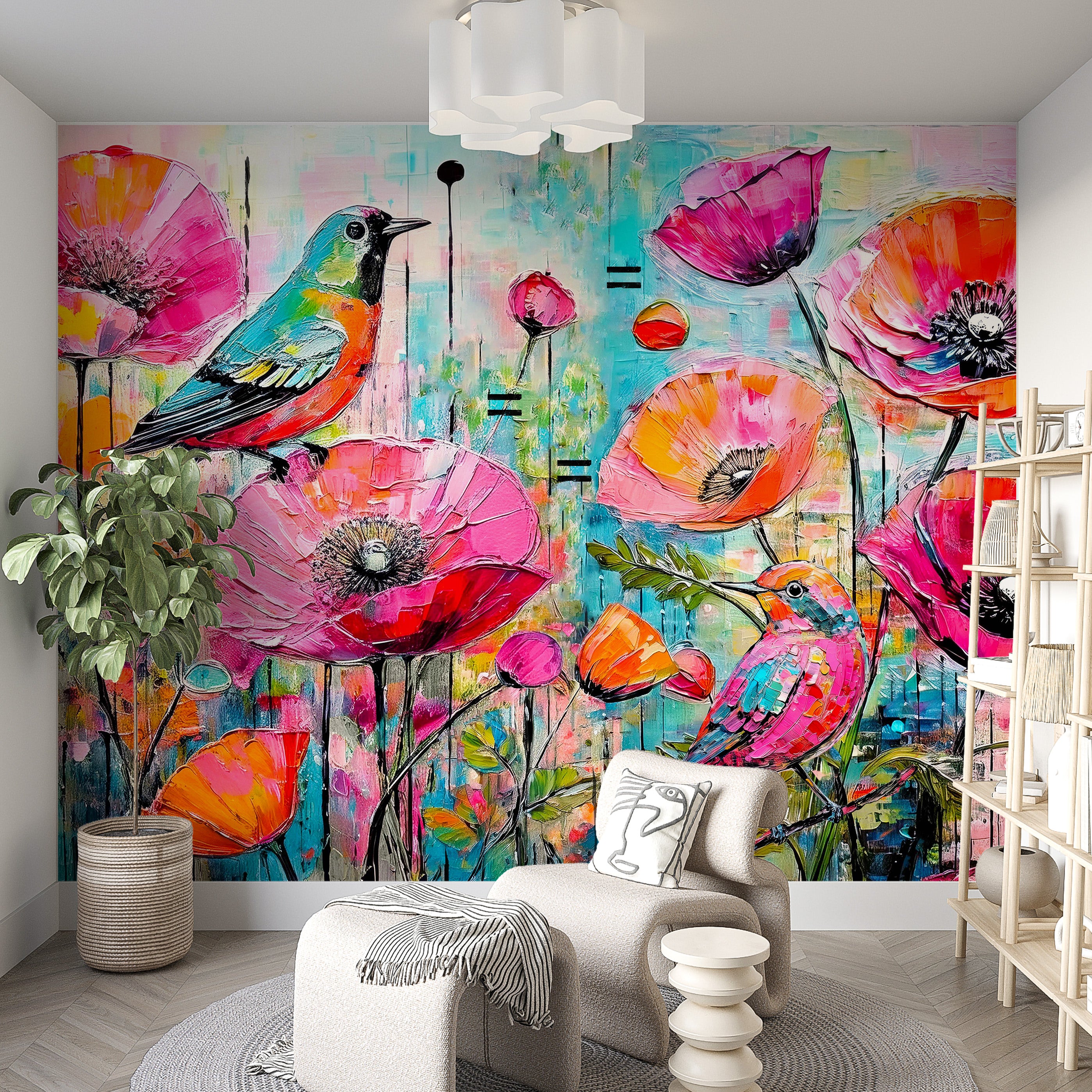 Happy Birds Poppies Unpasted