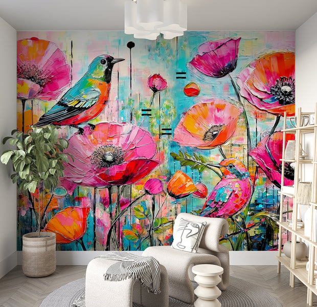 Happy Birds Poppies Unpasted