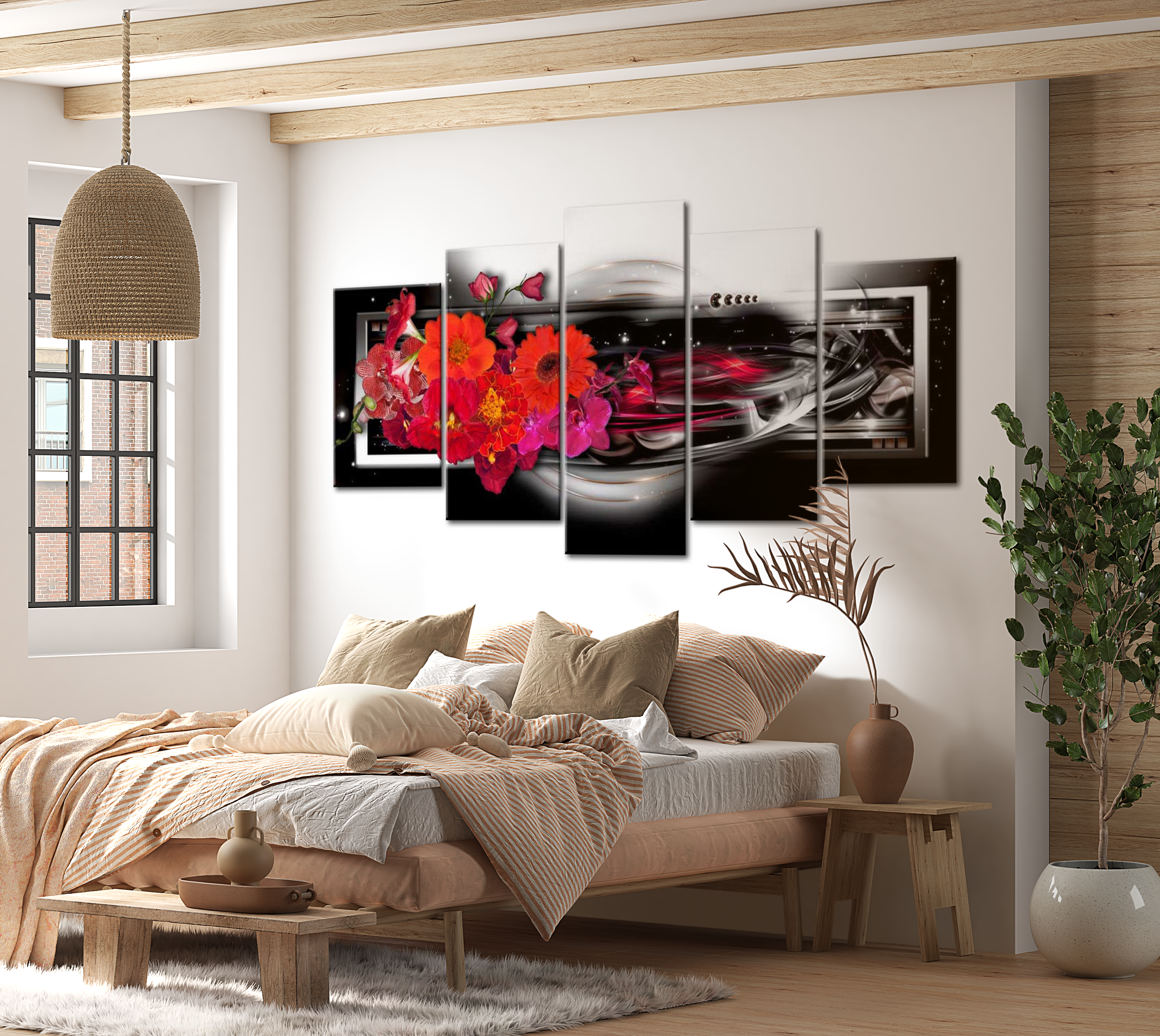 Stretched Canvas Floral Art - Gerberas On Black Background 40"Wx20"H