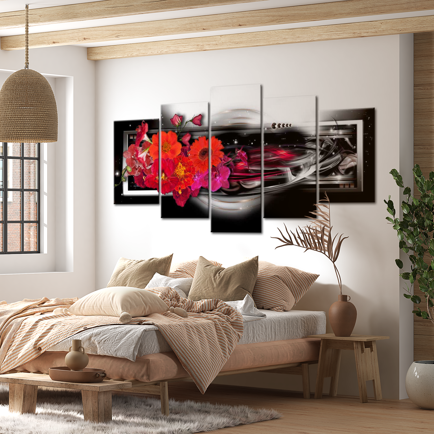 Stretched Canvas Floral Art - Gerberas On Black Background 40"Wx20"H
