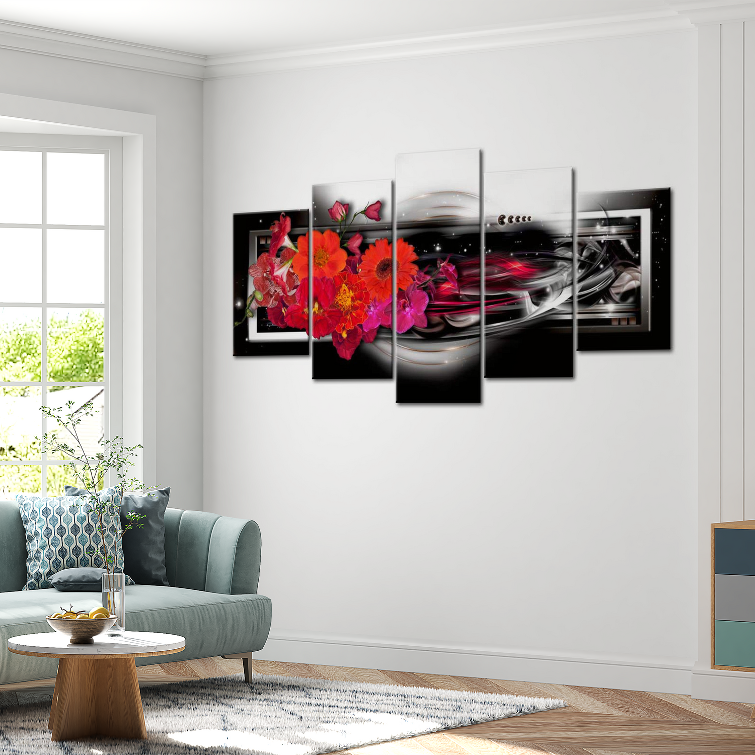 Stretched Canvas Floral Art - Gerberas On Black Background 40"Wx20"H