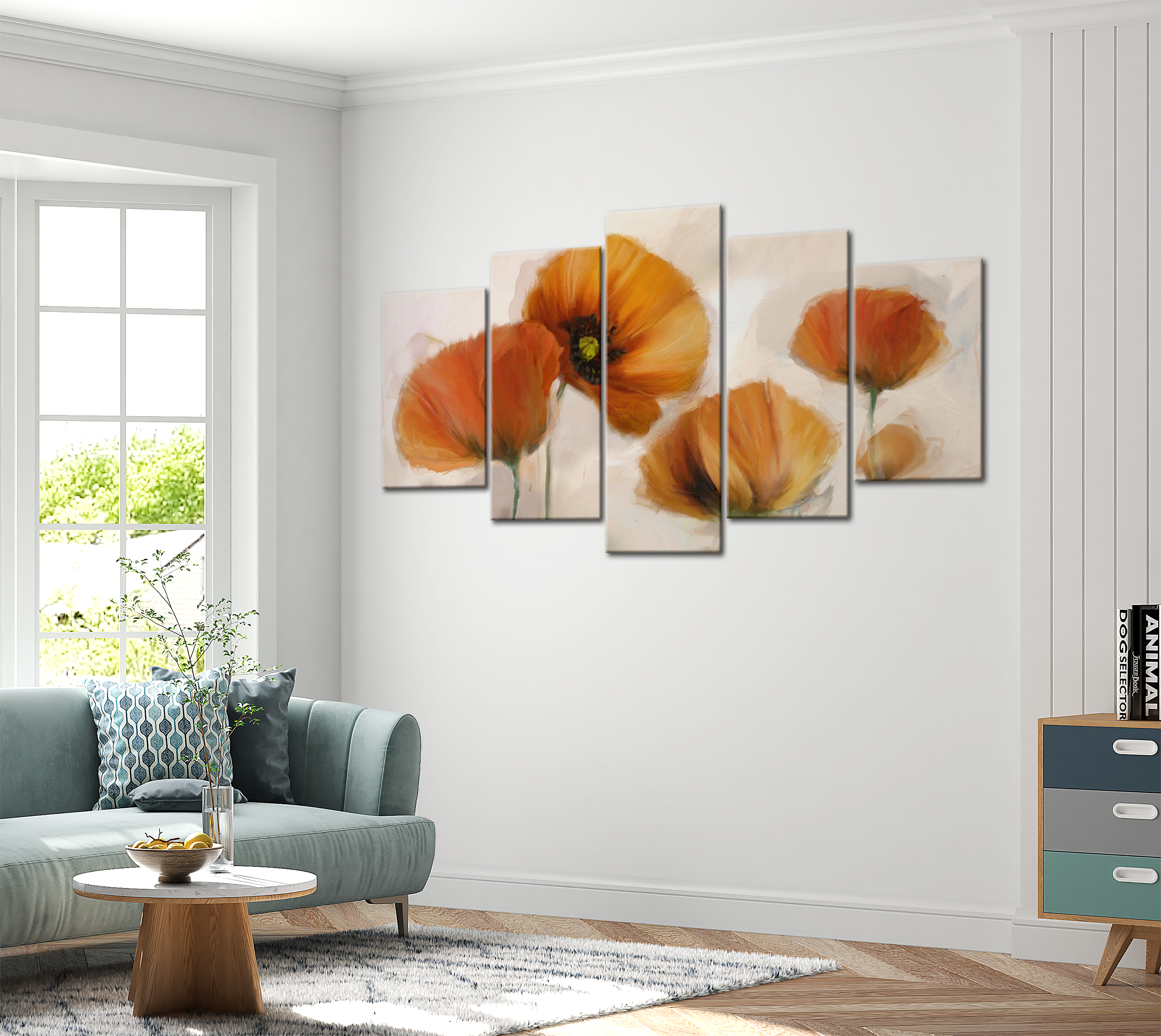 Stretched Canvas Floral Art - Artistic Poppies - 5 Pieces 40"Wx20"H