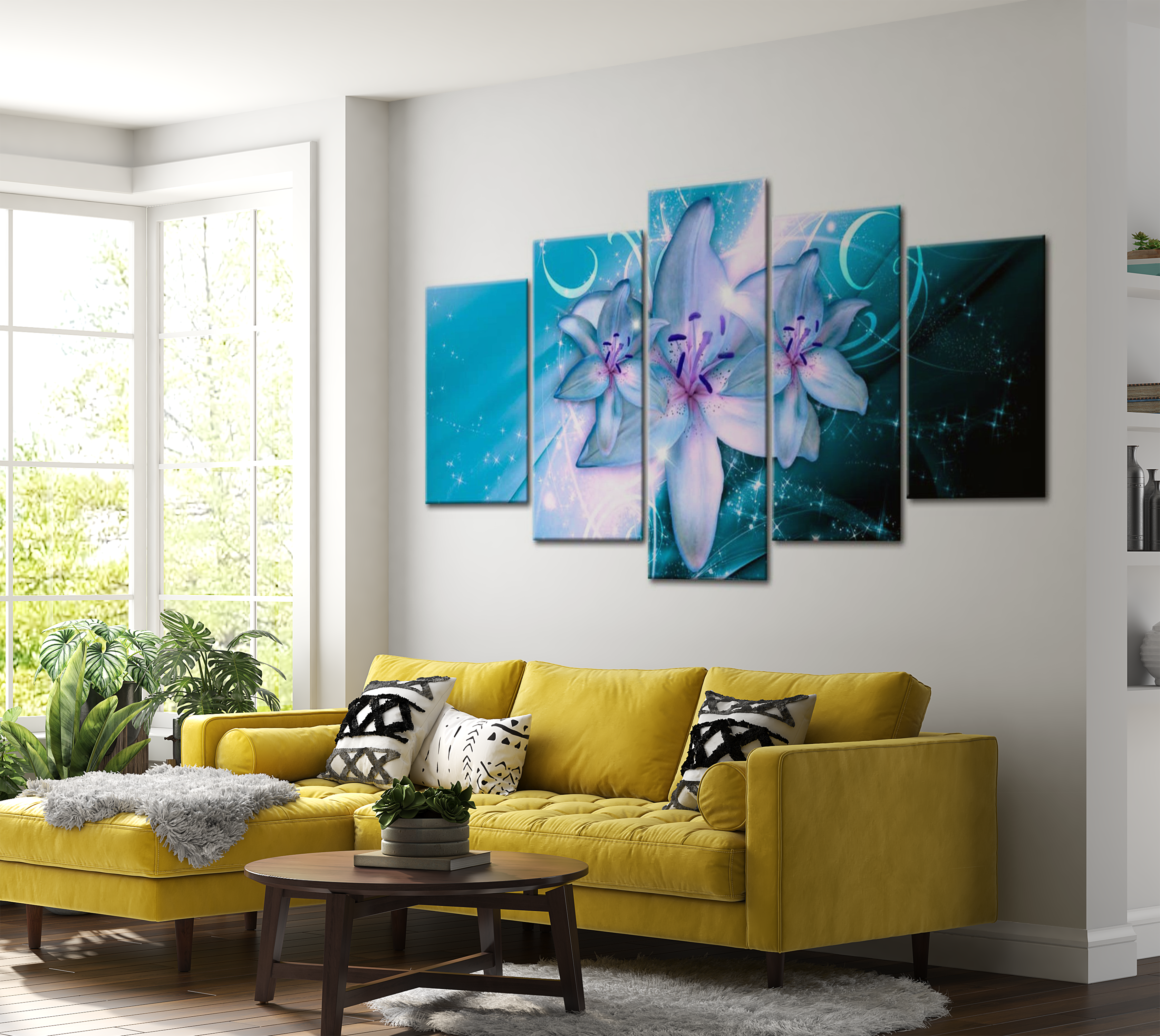 Floral Canvas Wall Art - Blue Lily Night - 5 Pieces