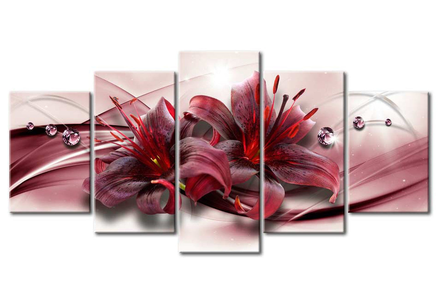 Floral Canvas Wall Art - Dark Red Lily - 5 Pieces