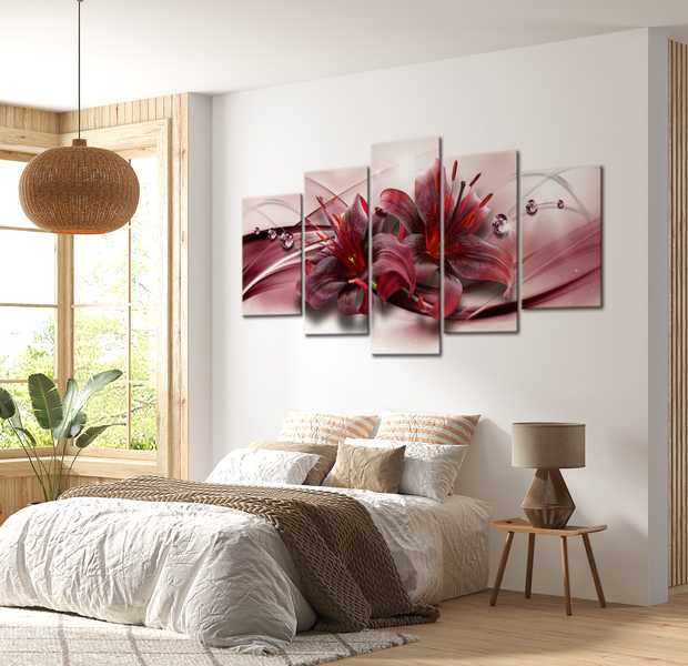 Floral Canvas Wall Art - Dark Red Lily - 5 Pieces