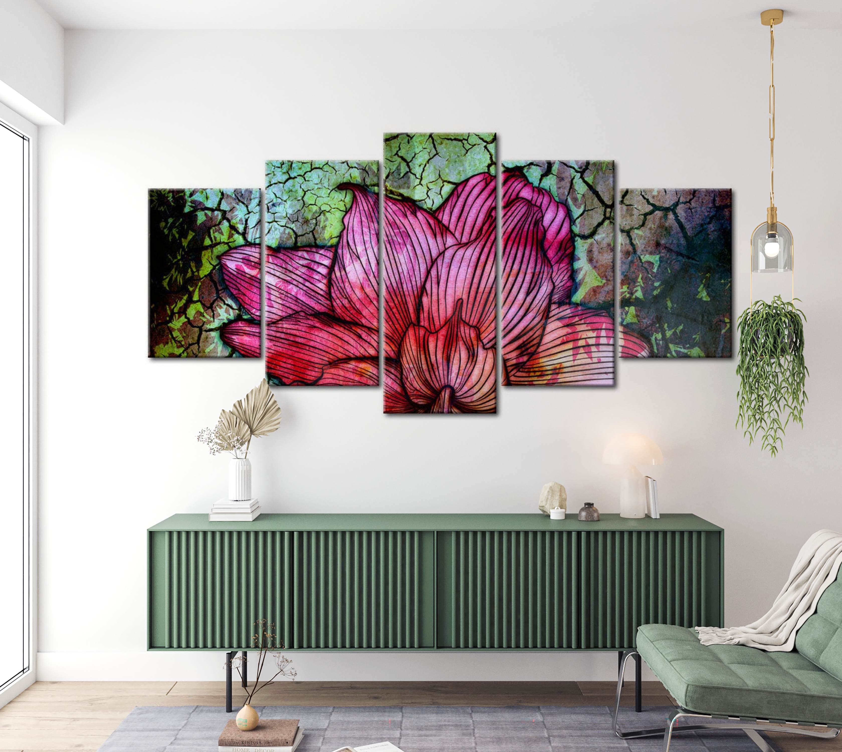 Floral Canvas Wall Art - Flower Stained Glass - 5 Pieces