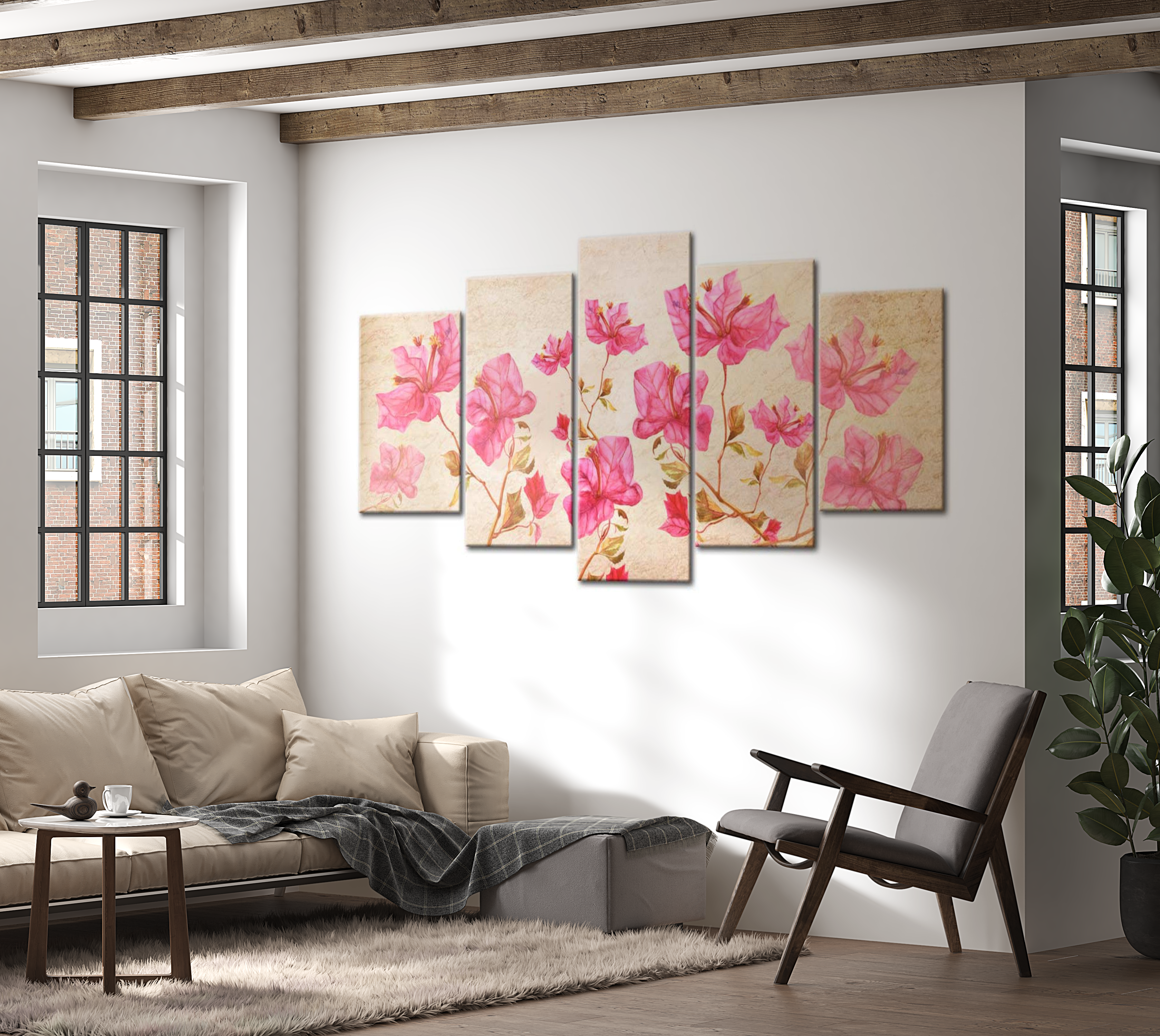 Floral Canvas Wall Art - Flowers In Pink - 5 Pieces