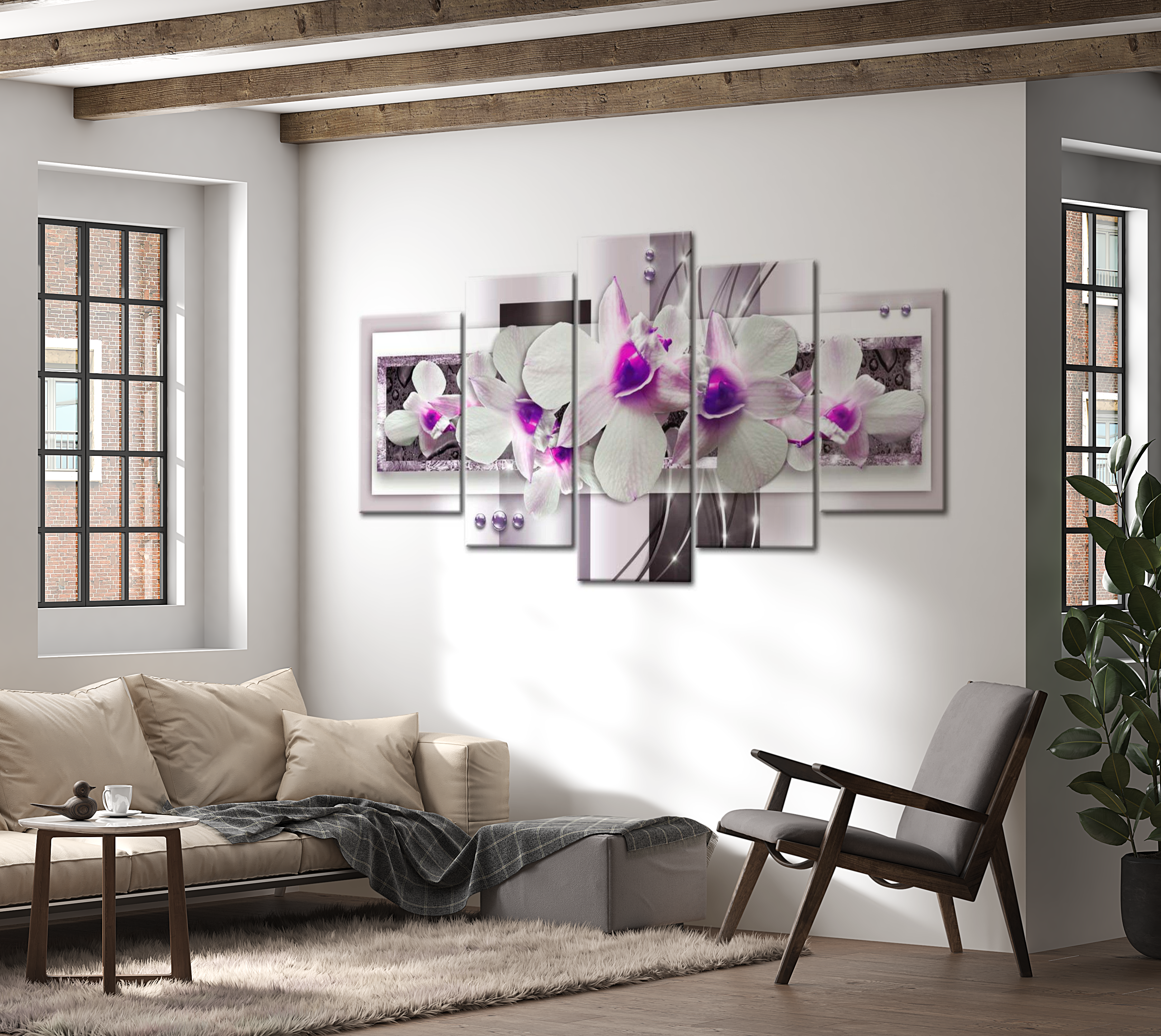 Floral Canvas Wall Art - Glam Orchids Violet - 5 Pieces