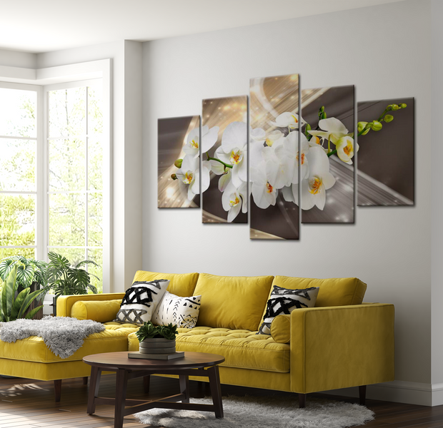 Floral Canvas Wall Art - Golden Orchid Dance - 5 Pieces