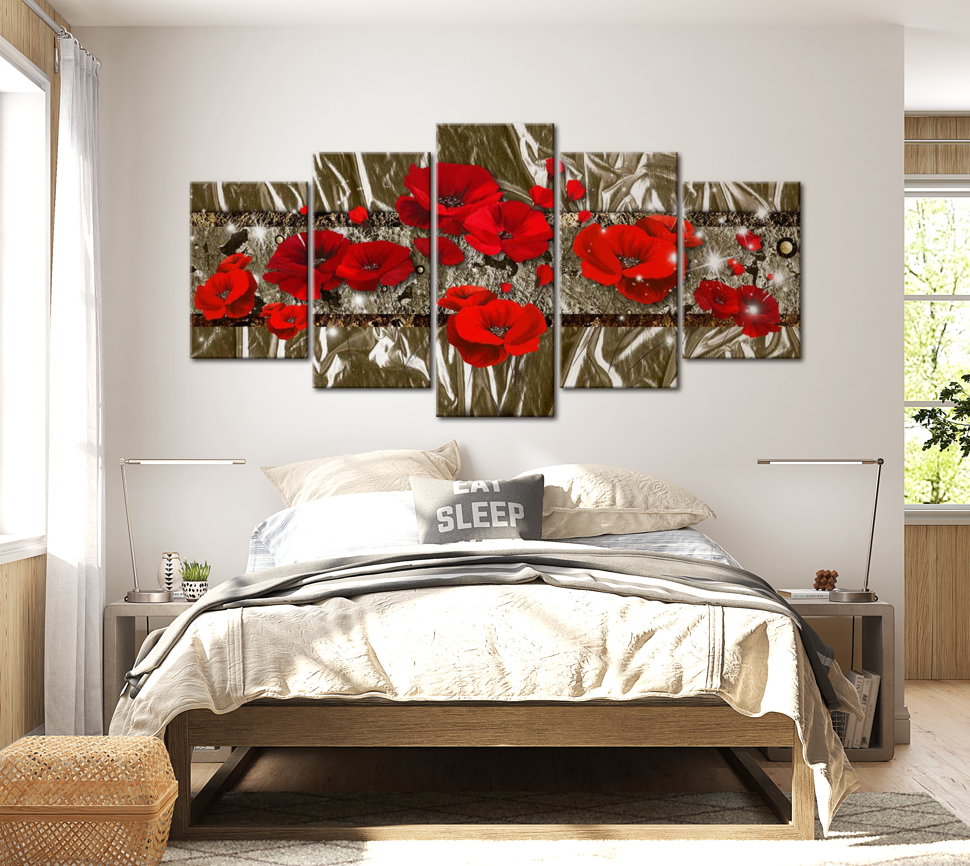 Floral Canvas Wall Art - Golden Red Poppies - 5 Pieces