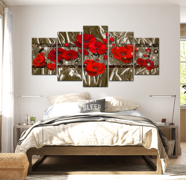 Floral Canvas Wall Art - Golden Red Poppies - 5 Pieces