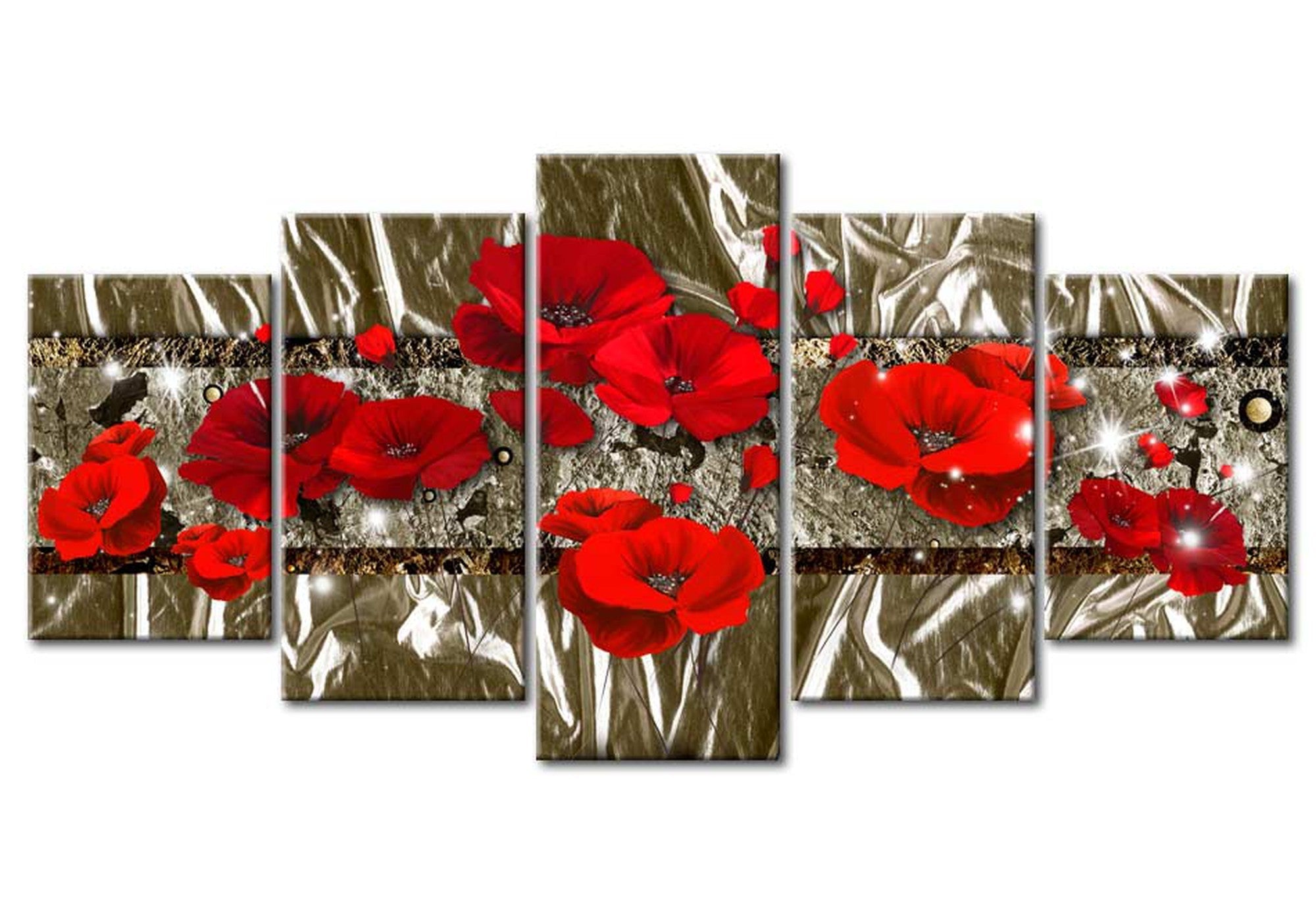 Floral Canvas Wall Art - Golden Red Poppies - 5 Pieces