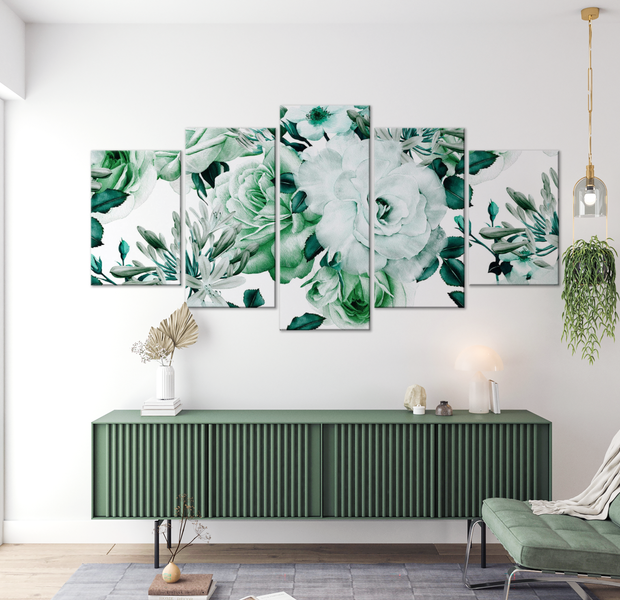 Floral Canvas Wall Art - Green Vintage Roses - 5 Pieces